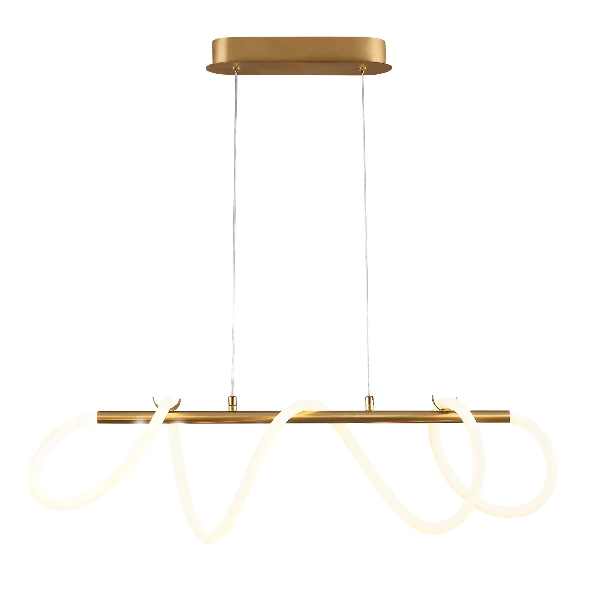 Lampa wisząca LED Emma 85W 4000K w kolorze złotym, z cienkim metalowym stelażem i elastycznymi, opalizującymi elementami w kształcie fal. Zawieszona na dwóch sznurkach, idealna do nowoczesnych wnętrz.