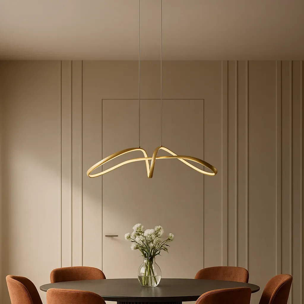 Lampa wisząca Snow 1xLED 40W CCT w złotym kolorze, o nowoczesnym, falistym kształcie. Zawieszona na cienkich linkach nad okrągłym stołem, w minimalistycznym wnętrzu z neutralnym tłem. Widać także szklany wazon z kwiatami.