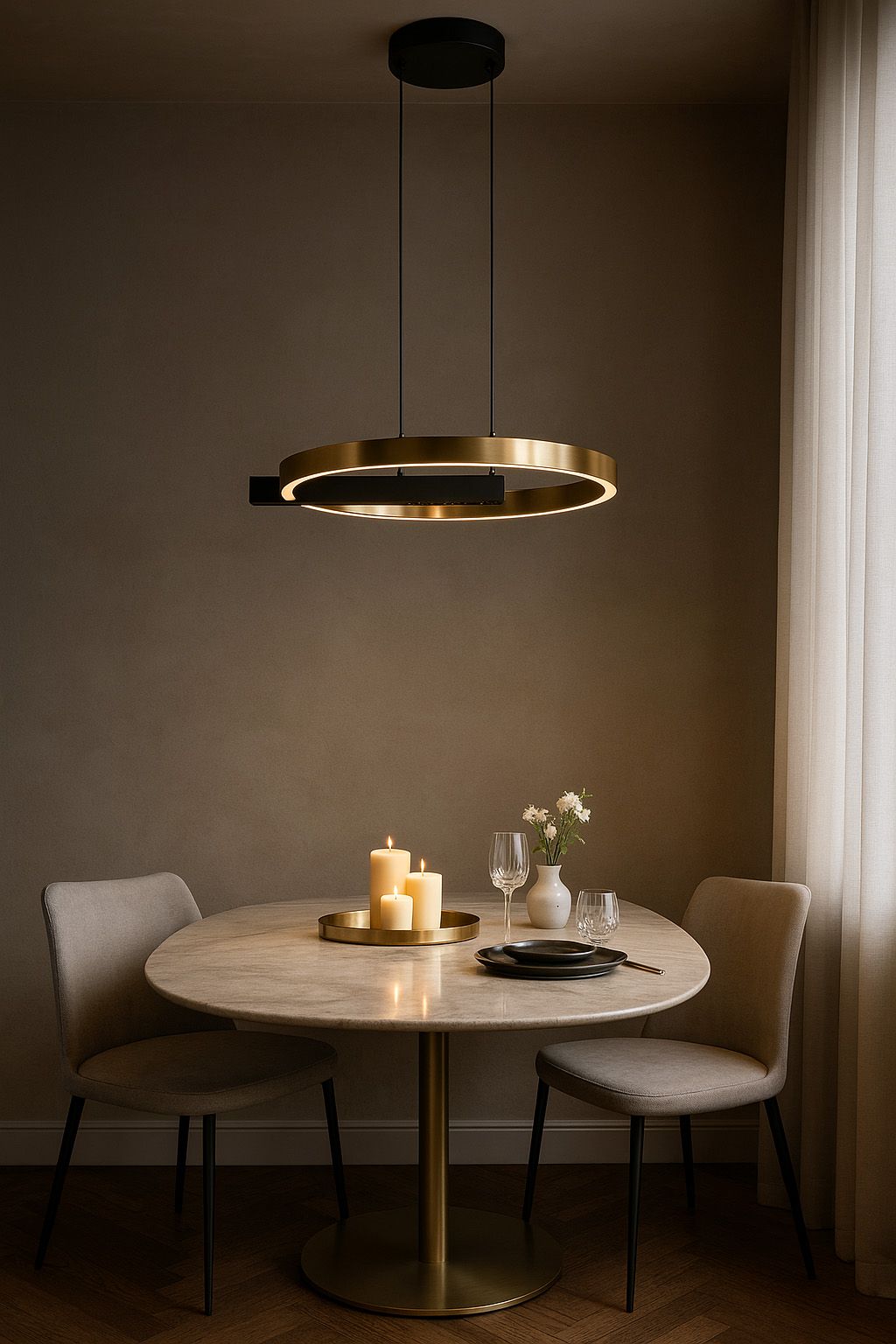Lampa wisząca Metis 1xLED 24W w kolorze czarnym i złotym, okrągła, zawieszona na dwóch cienkich kablach. Umieszczona nad okrągłym stołem z marmurowym blatem, w aranżacji z świecami, kwiatami i naczyniami. Tło w stonowanych odcieniach.