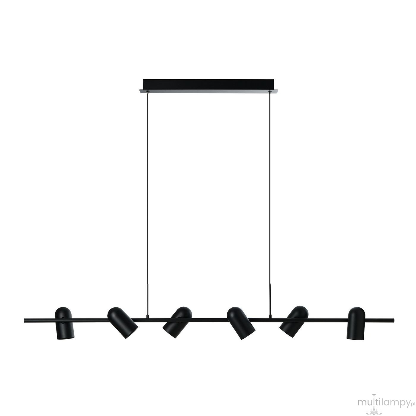 Lampa wisząca Vivi w kolorze czarnym z sześcioma reflektorami GU10. Posiada prostokątny sufitowy uchwyt oraz cienkie zawieszenia. Reflektory ustawione na poziomej belce, skierowane w różnych kierunkach, idealna do nowoczesnych wnętrz.