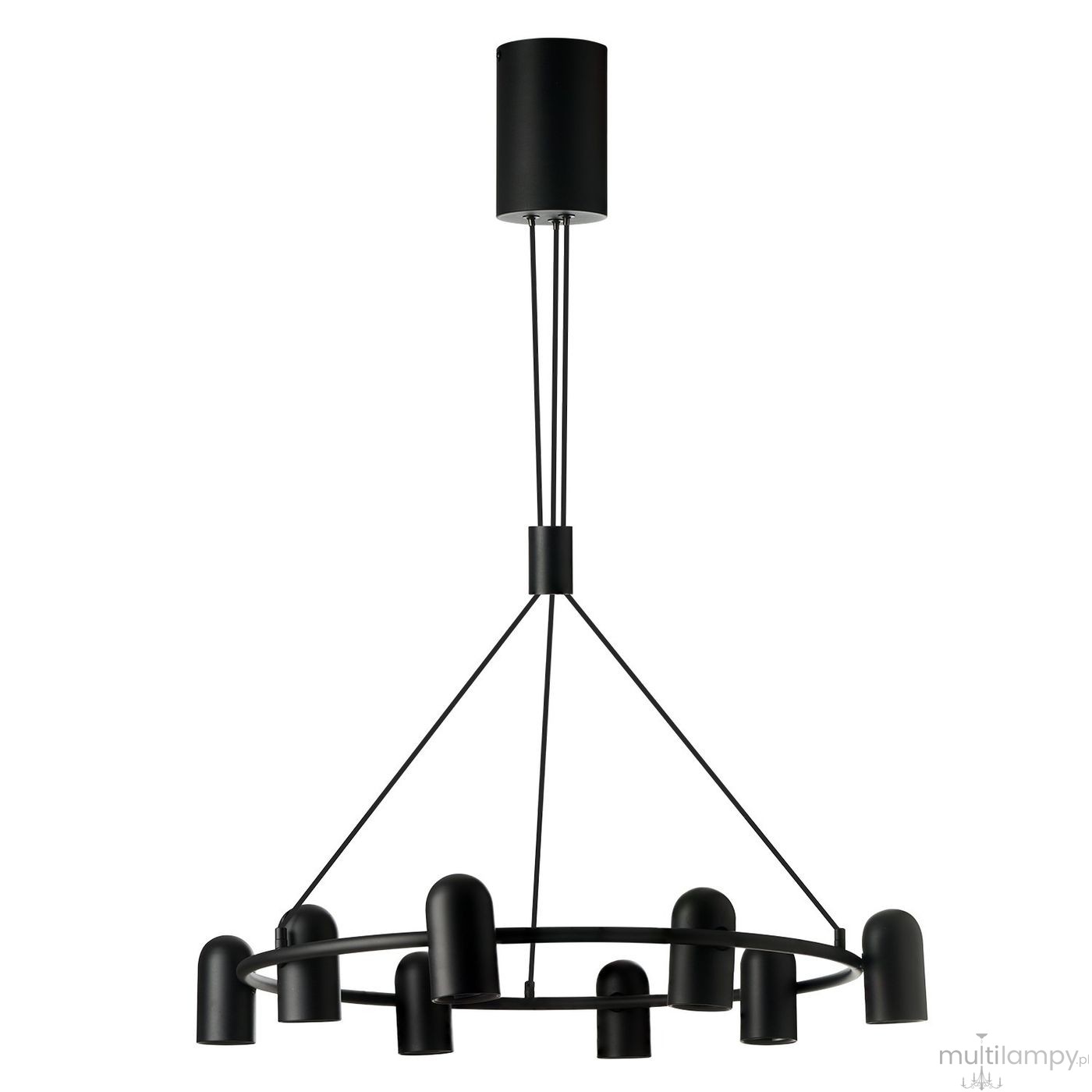Lampa wisząca Vivi 8xGU10 w kolorze czarnym, z okrągłą konstrukcją i osłonami na źródła światła w formie cylindrów. Ujęcie z boku, zawieszona na cienkich linkach, z górnym mocowaniem w formie cylindrycznej osłony.