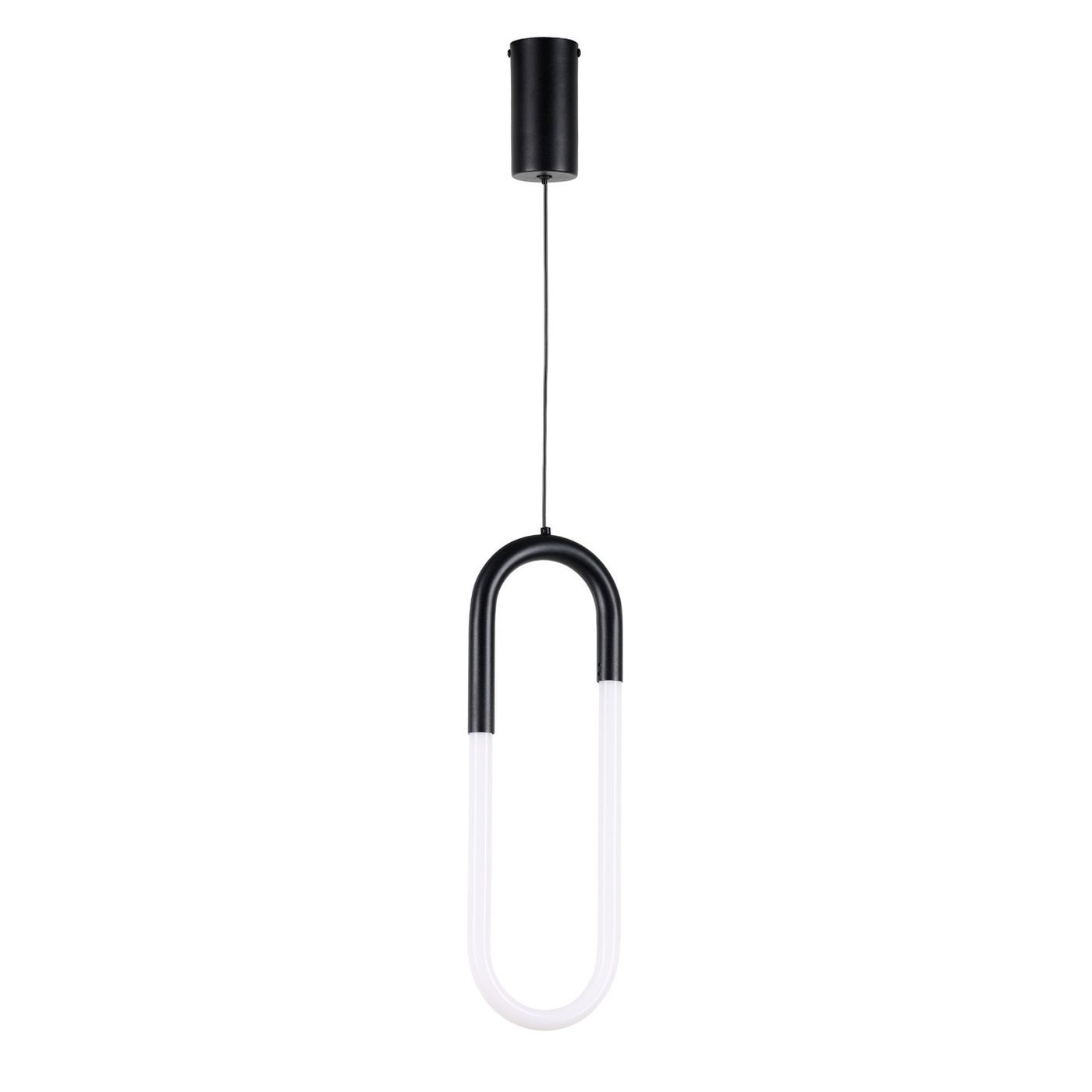 Czarna lampa wisząca LED Nexus 9W w kształcie podłużnego owalnego pierścienia. Górna część wykonana z metalu, dolna z białego materiału. Zawieszona na cienkim przewodzie, montowana sufitowo, idealna do nowoczesnych wnętrz.