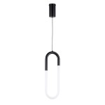 Czarna lampa wisząca LED Nexus 9W w kształcie podłużnego owalnego pierścienia. Górna część wykonana z metalu, dolna z białego materiału. Zawieszona na cienkim przewodzie, montowana sufitowo, idealna do nowoczesnych wnętrz.