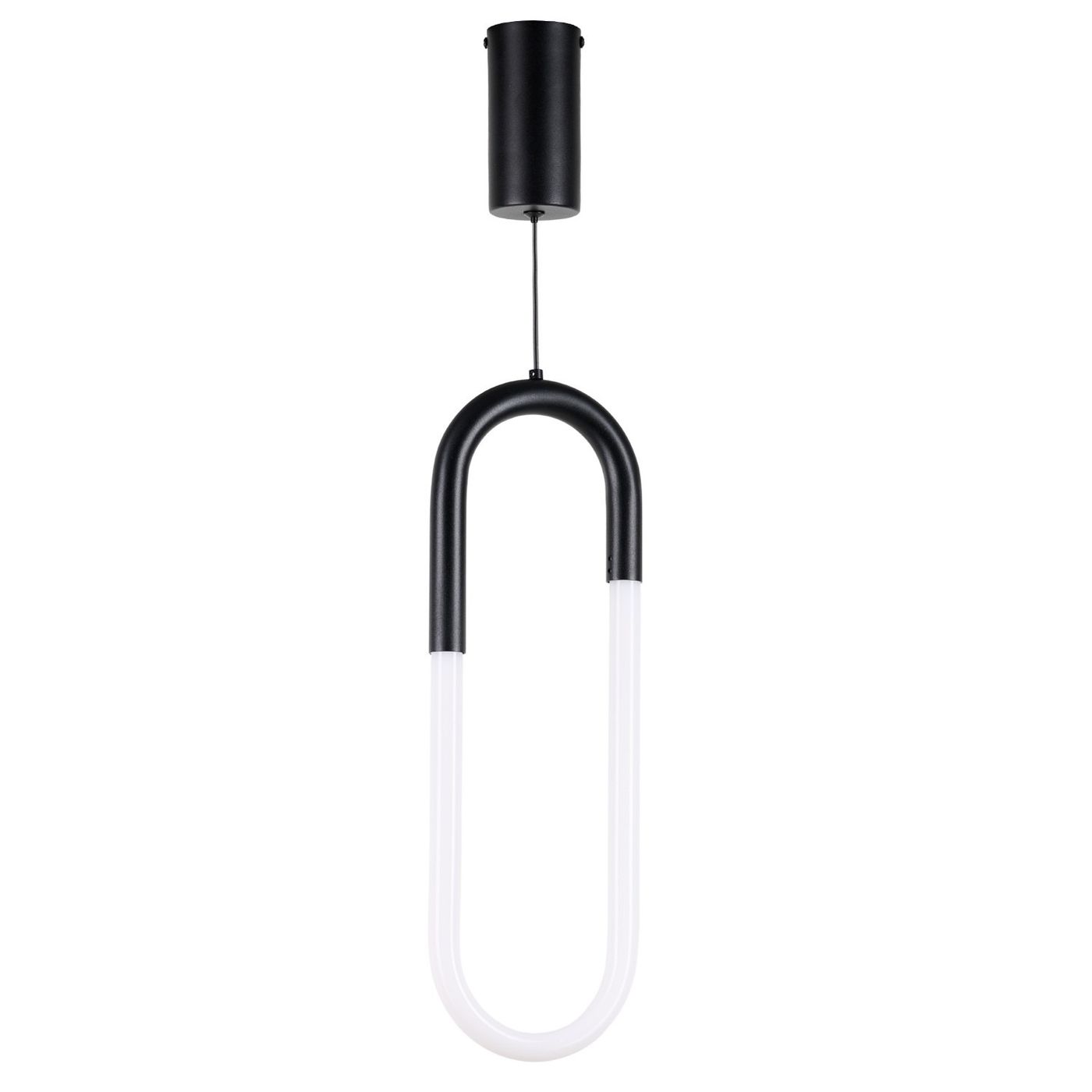 Lampa wisząca LED Nexus 9W w czarnej obudowie, w kształcie prostokątnego łuku. Górna część to czarna, matowa osłona, a dolna to przezroczysta, biała rura LED. Produkt zawieszony, z widocznym kablem. Tło białe.