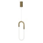 Lampa wisząca LED Nexus 9W o unikalnym kształcie w formie elipsy, z metalowym uchwytem w kolorze złotym i białym kloszem. Zawieszona na cienkim przewodzie, idealna do nowoczesnych wnętrz.