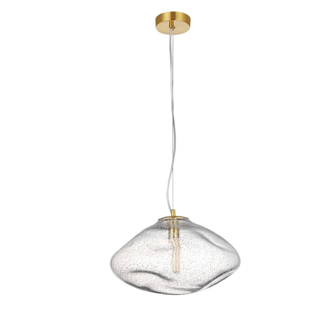 Lampa wisząca Ines E14 w złotym wykończeniu z przezroczystym kloszem o organicznym kształcie. Powieszona na cienkim, przezroczystym przewodzie, prezentuje elegancki styl, idealna do nowoczesnych wnętrz.
