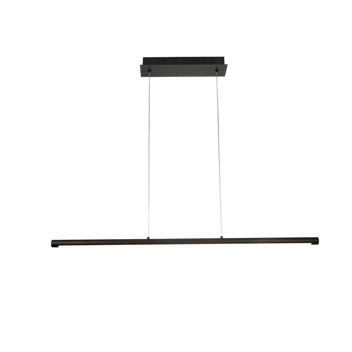 Lampa wisząca LED Alamo 16W w kolorze czarnym, o prostokątnym kształcie. Zawieszona na dwóch cienkich linkach, z kwadratowym, płaskim stropem. W dolnej części widoczna jest cienka linia światła. Tło proste, białe.