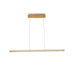 Lampa wisząca LED Alamo 16W w kolorze złotym. Prosty, długi kształt z metalowym wykończeniem, zawieszona na dwóch cienkich linkach. Montaż sufitowy z minimalistycznym stelażem. Tło białe, co podkreśla elegancki design.