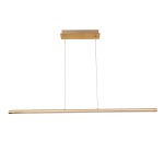 Lampa wisząca LED Alamo 21W w kolorze złotym, w kształcie prostokątnej listwy. Zawieszona na metalowych linkach z płaskim, złotym mocowaniem sufitowym. Minimalistyczny design, idealna do nowoczesnych wnętrz.