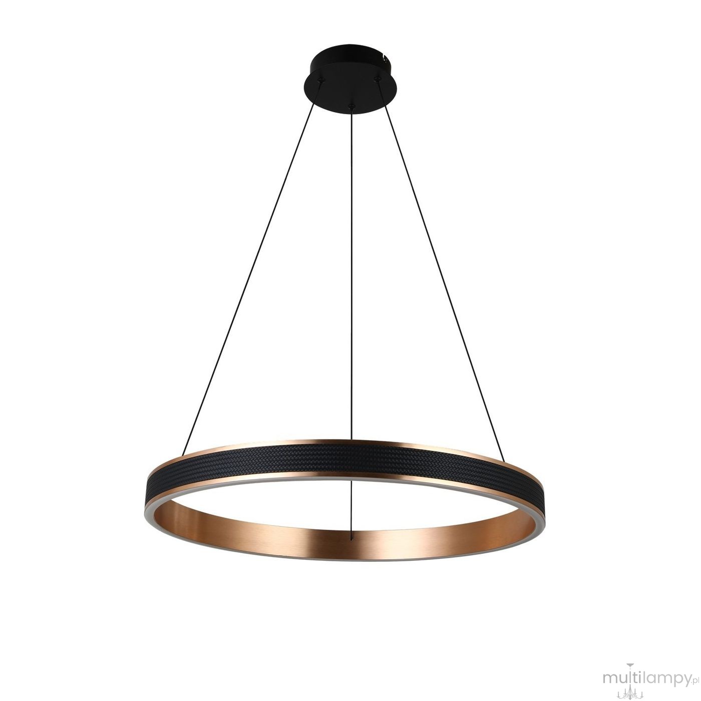 Lampa wisząca LED Rio D60 o mocy 43W, w kolorze czarnym z elementami złotymi. Okrągły kształt z teksturowaną powierzchnią, zawieszona na cienkich linkach. Prosty, nowoczesny design, idealna do wnętrz.
