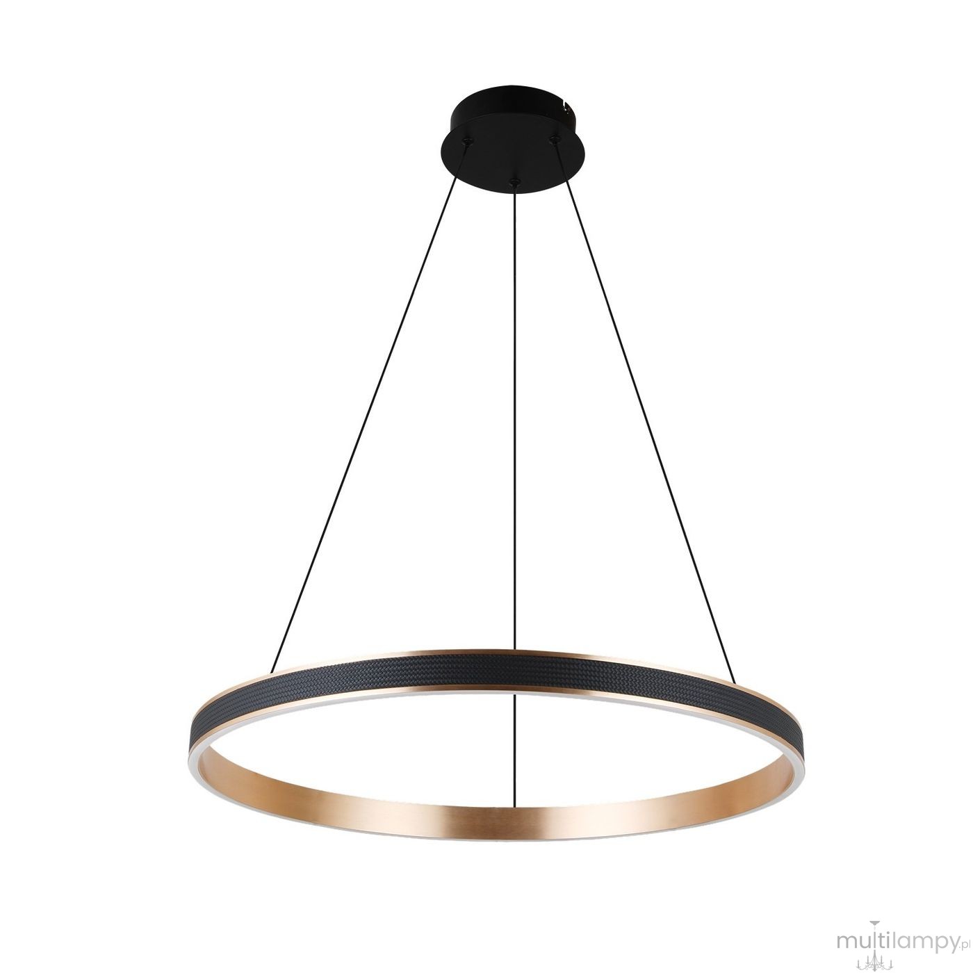 Czarna lampa wisząca LED Rio D80 z metalowym, złotym pierścieniem, o nowoczesnym designie. Ujęcie z dołu, zawieszona na trzech cienkich linkach. Idealna do nowoczesnych wnętrz. Wymiary nieokreślone.