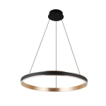 Czarna lampa wisząca LED Rio D80 z metalowym, złotym pierścieniem, o nowoczesnym designie. Ujęcie z dołu, zawieszona na trzech cienkich linkach. Idealna do nowoczesnych wnętrz. Wymiary nieokreślone.