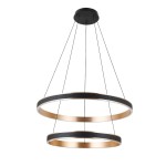Lampa wisząca Rio z dwiema okrągłymi oprawami LED, czarna z złotymi detalami. Ujęcie z góry, zawieszona na cienkich linkach. Górny pierścień jest mniejszy od dolnego, co tworzy efekt warstwowości.