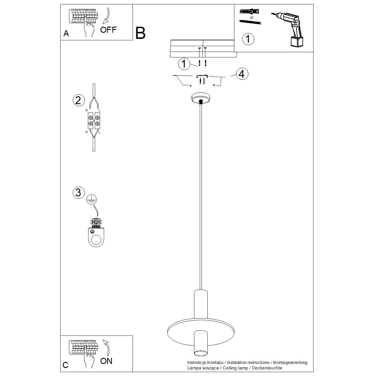 Lampa wisząca Pelta 1xGU10 w kolorze czarnym i granatowym, z okrągłym kloszem i metalowym elementem mocującym. Wisi na długim przewodzie, idealna do nowoczesnych wnętrz. Instrukcja montażu widoczna na zdjęciu.