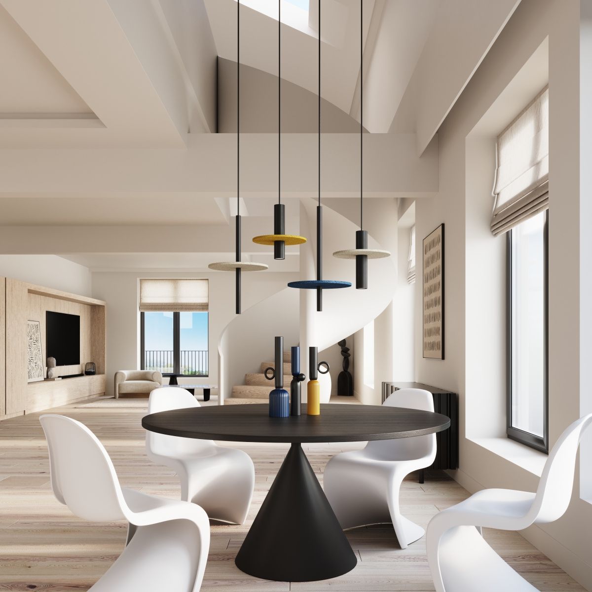 Lampa wisząca Pelta 1xGU10 w kolorze czarnym i granatowym, zawieszona nad okrągłym stołem w nowoczesnym wnętrzu. W tle białe ściany, jasne krzesła i dekoracje, tworzące minimalistyczną aranżację.