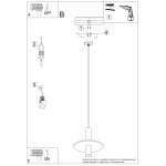 Lampa wisząca Pelta w kolorze czarnym i żółtym, z oprawą na jedną żarówkę GU10. Posiada okrągły klosz i cienki przewód do zawieszenia. Widoczna instrukcja montażu z elementami instalacyjnymi.