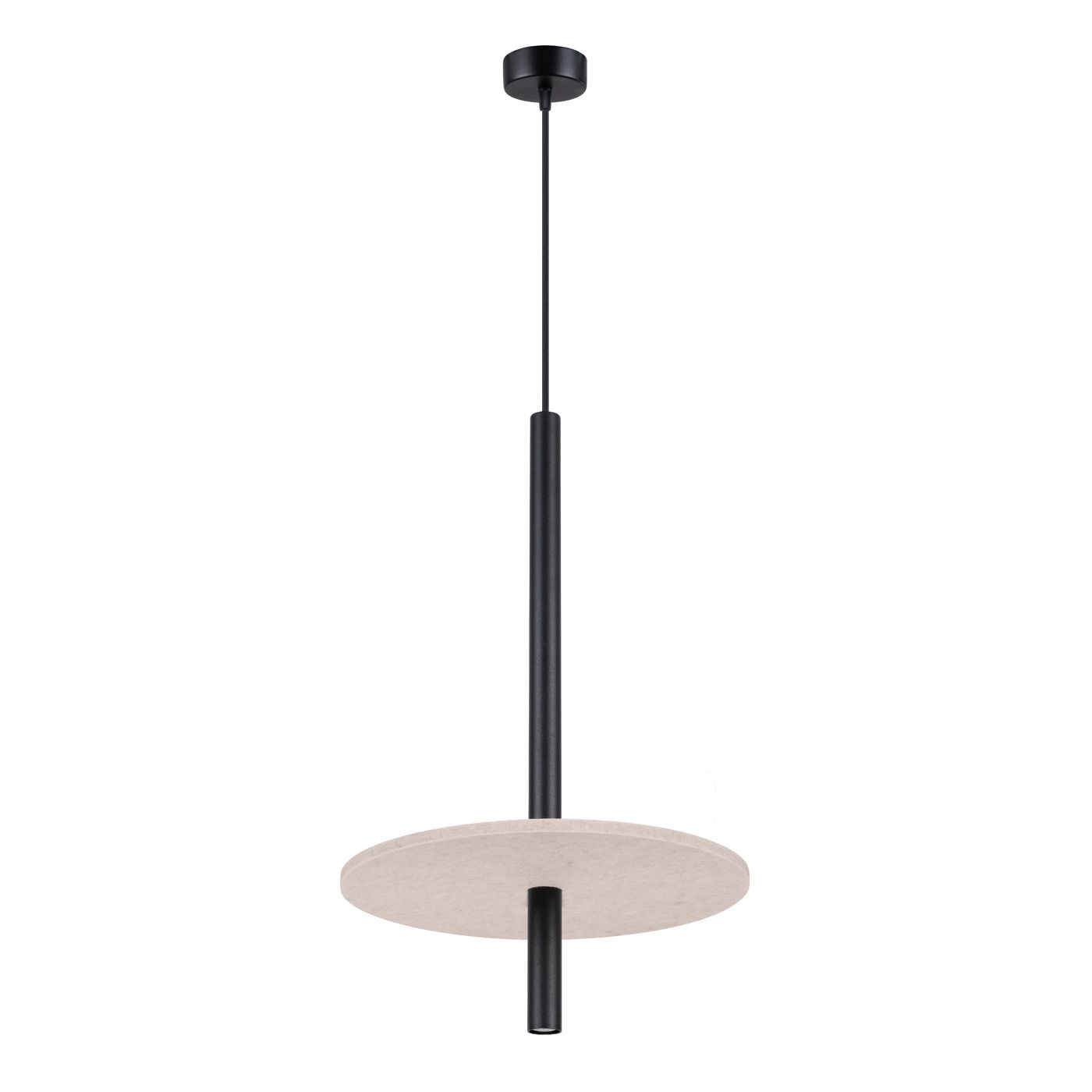 Lampa wisząca Feltro 1xG9 w kolorze czarnym i beżowym. Posiada okrągły klosz z beżowego materiału i czarną metalową konstrukcję. Ujęcie frontalne, zawieszona na cienkim kabelku, z minimalistycznym designem.