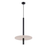 Lampa wisząca Feltro 1xG9 w kolorze czarnym i beżowym. Posiada okrągły klosz z beżowego materiału i czarną metalową konstrukcję. Ujęcie frontalne, zawieszona na cienkim kabelku, z minimalistycznym designem.