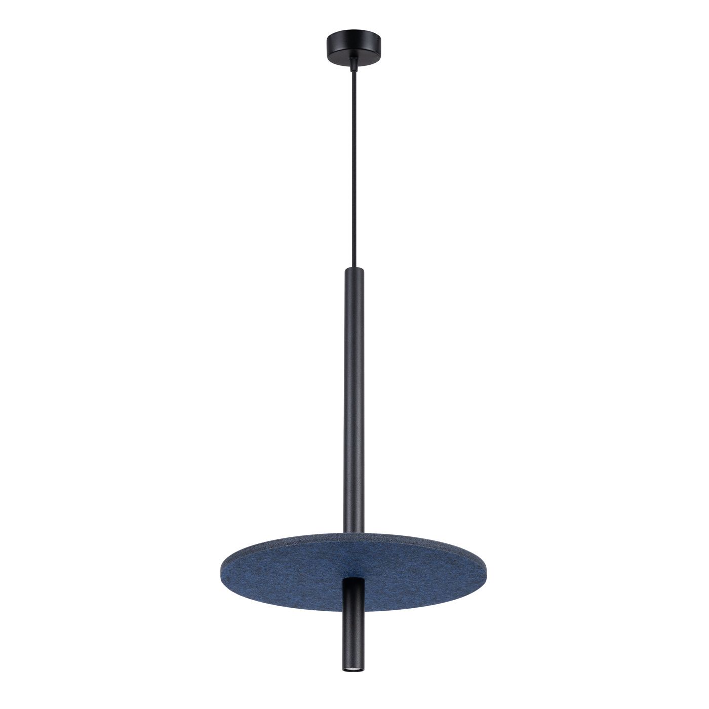 Lampa wisząca Feltro 1xG9 w kolorze czarnym i granatowym, o okrągłym kloszu z filcu, zawieszona na cienkim, czarnym przewodzie. Ujęcie frontalne, prezentujące minimalistyczny design i elegancką formę.