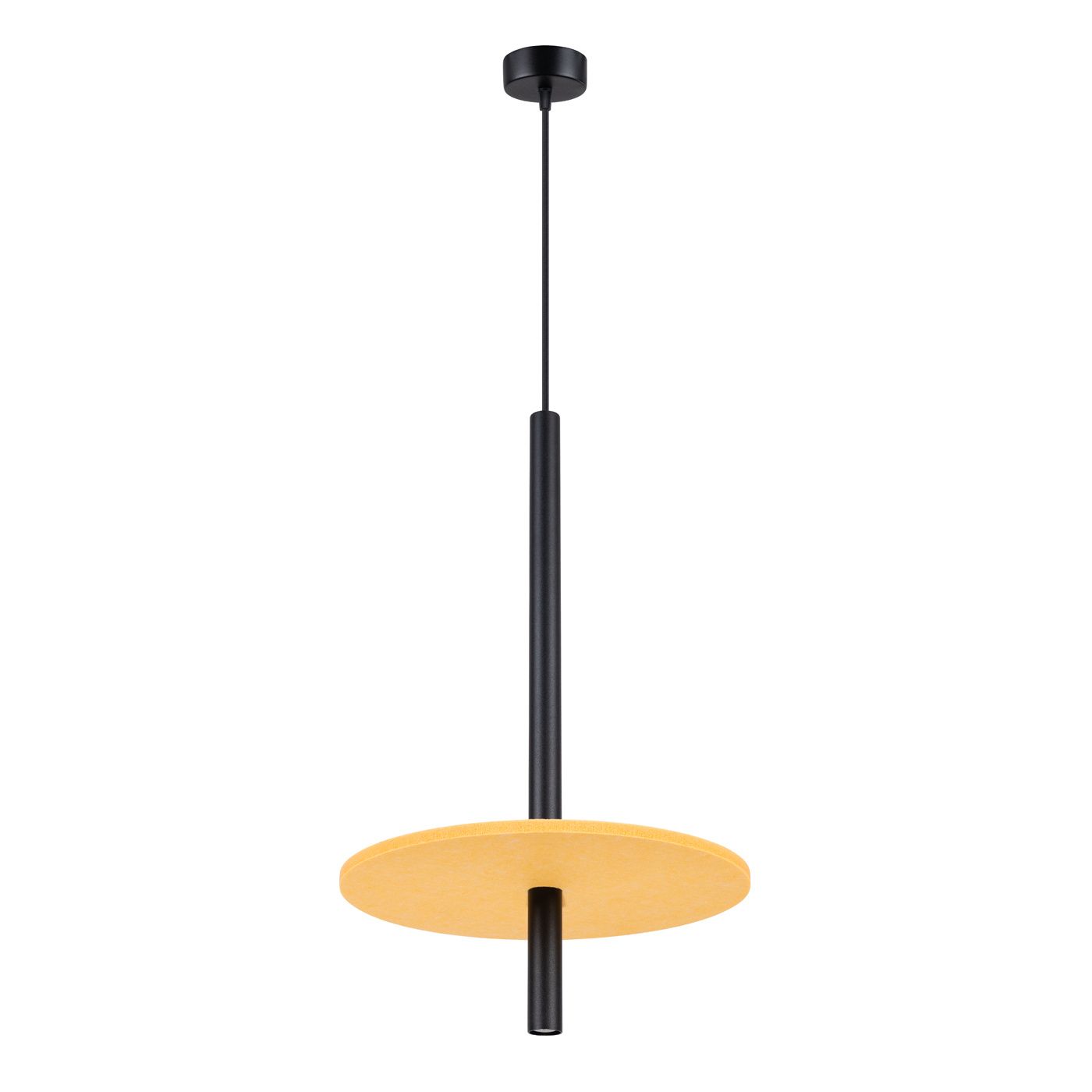 Lampa wisząca Feltro 1xG9 w kolorze czarnym z żółtym akcentem. Posiada okrągły klosz na cienkim, czarnym zawieszeniu. Ujęcie frontalne, prezentujące całość lampy na jednolitym tle.