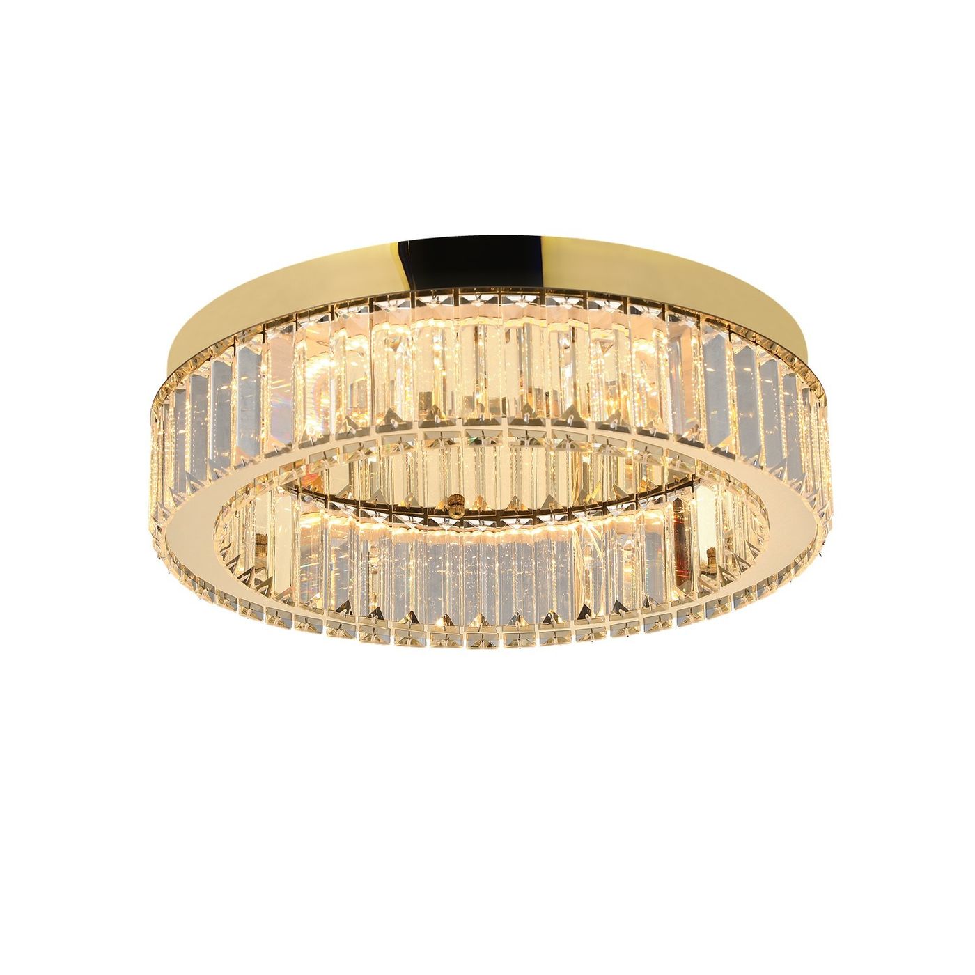 Lampa sufitowa LED Spark D40, 30W, w złotej obudowie. Okrągły kształt z przezroczystymi akcentami, umieszczona na gładkim, błyszczącym tle. Widoczna podwójna obręcz z kryształowymi detalami, emitująca ciepłe światło.