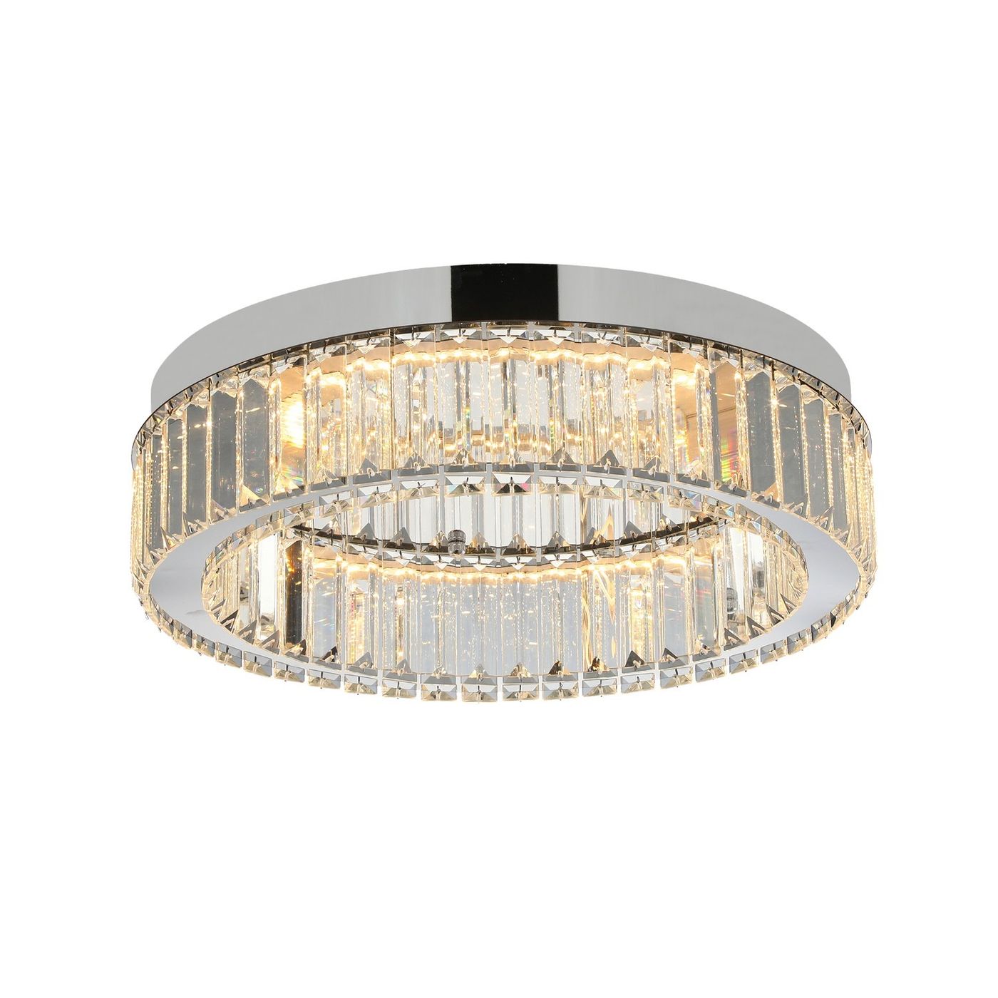 Lampa sufitowa LED Spark D40 30W w kolorze chromu, z dwoma okrągłymi pierścieniami, zdobiona przezroczystymi kryształkami, świecąca ciepłym światłem. Ujęcie z boku, pokazujące detale konstrukcji i efekt świetlny.