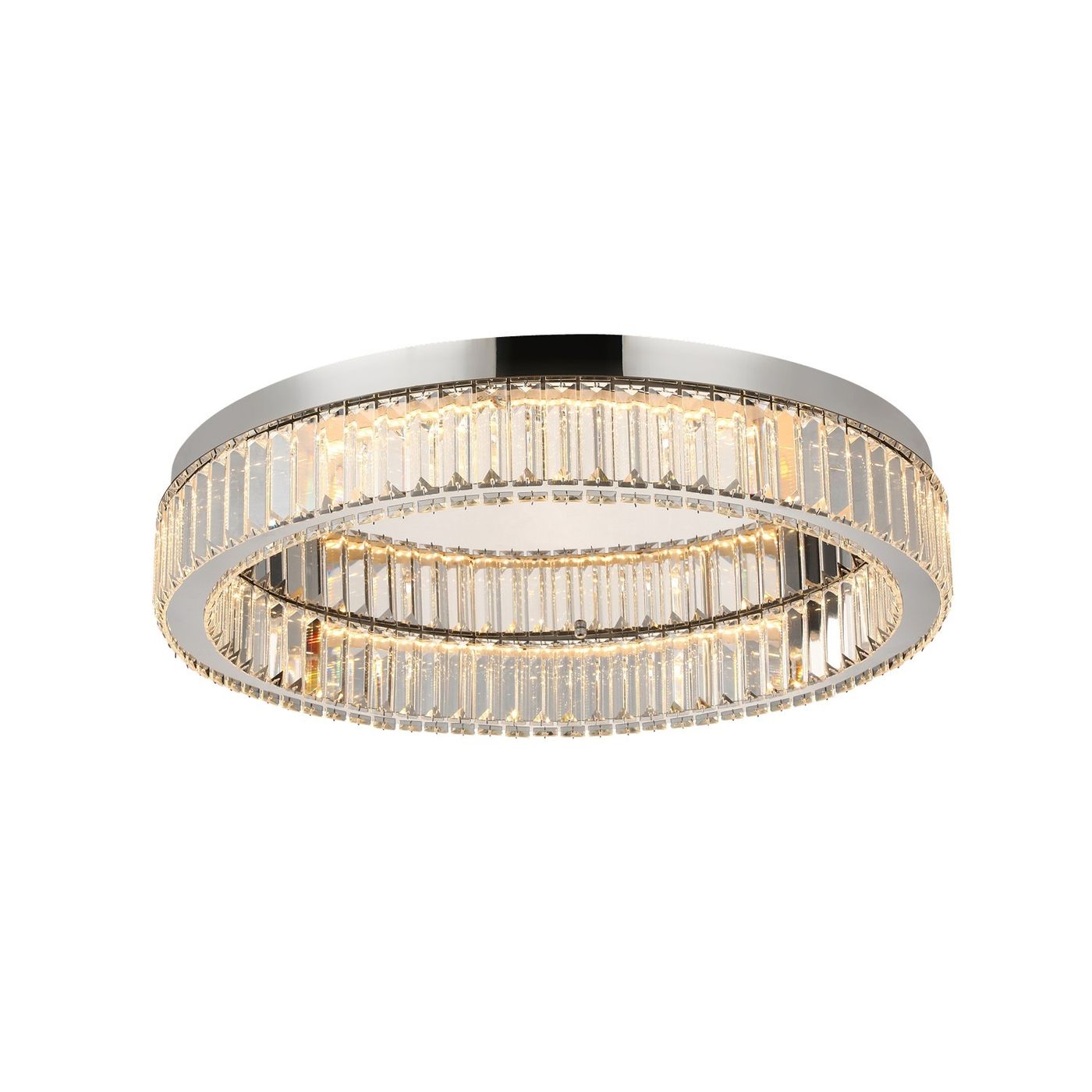 Lampa sufitowa LED Spark D60 o mocy 48W w kolorze chromu, z okrągłym kloszem zdobionym przezroczystymi kryształkami. Ujęcie z dołu, prezentujące elegancki design oraz efektowne oświetlenie.