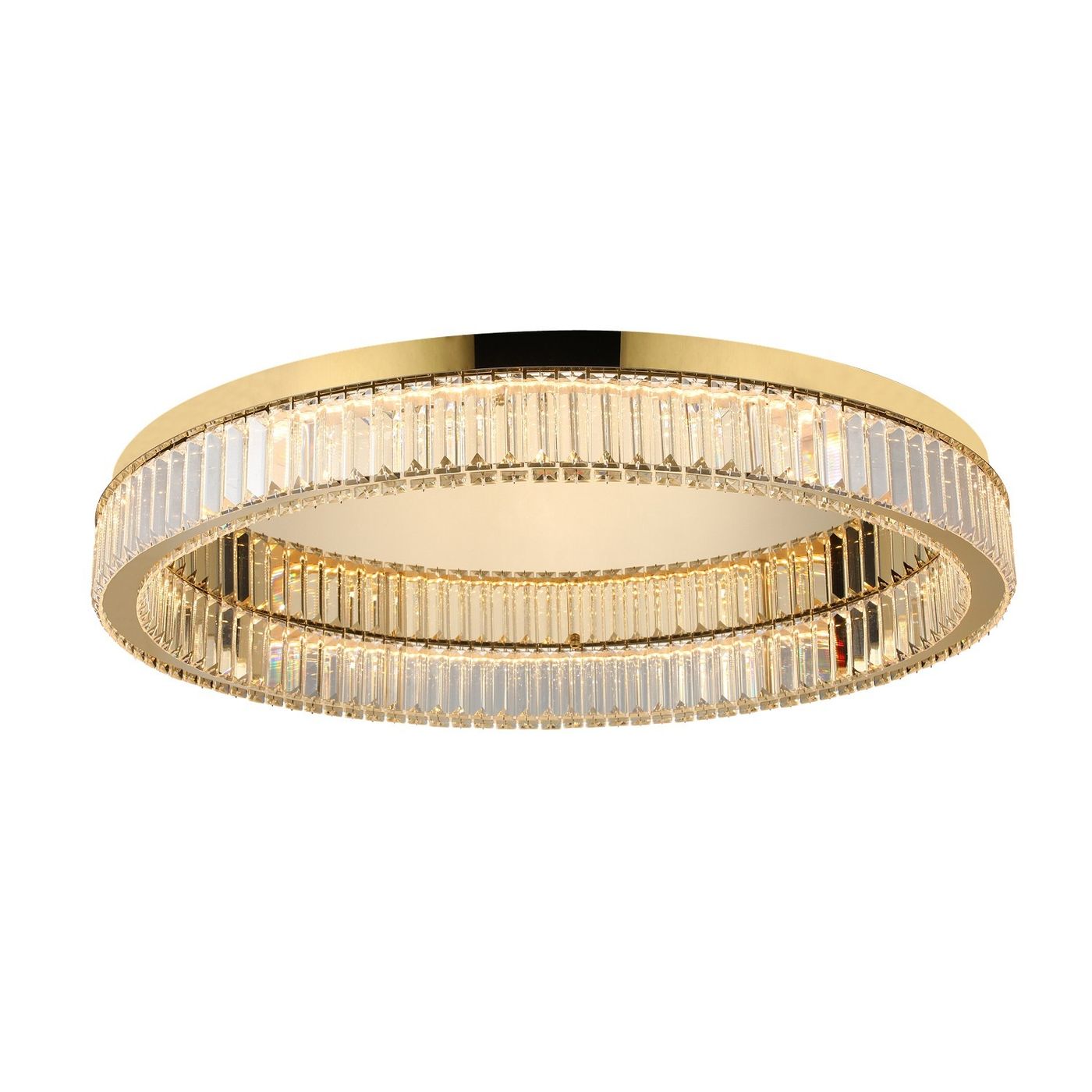 Lampa sufitowa LED Spark D80 o mocy 72W w złotym kolorze, okrągła konstrukcja z dwoma pierścieniami zdobionymi przezroczystymi kryształkami, montowana na suficie, z gładką, błyszczącą powierzchnią.