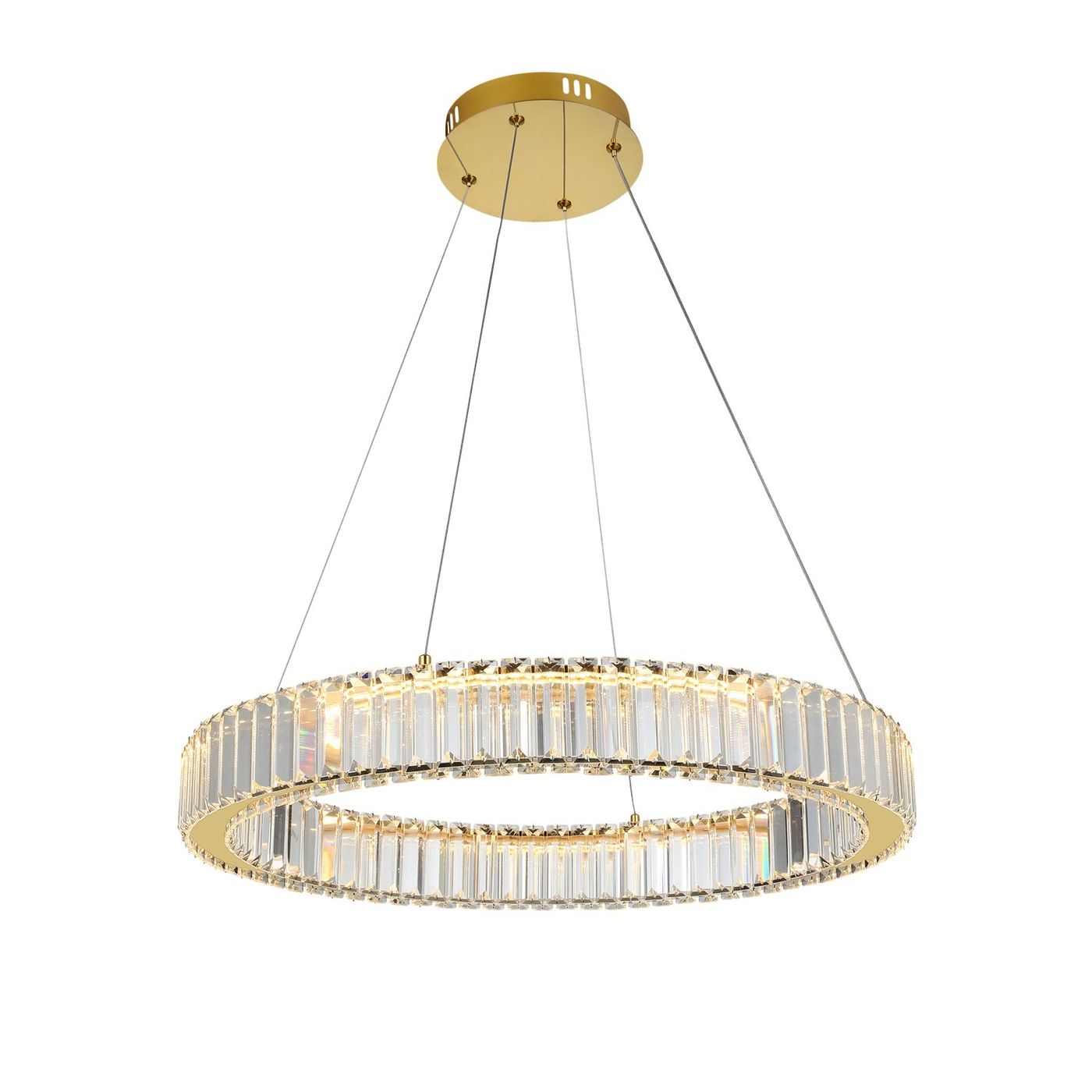 Lampa wisząca LED Spark D60 o mocy 30W w kolorze złotym, z okrągłym, przezroczystym kloszem, zawieszona na cienkich linkach. Klosz zdobiony kryształkami, emitującymi miękkie światło. Montaż sufitowy, z widocznym okrągłym elementem mocującym.