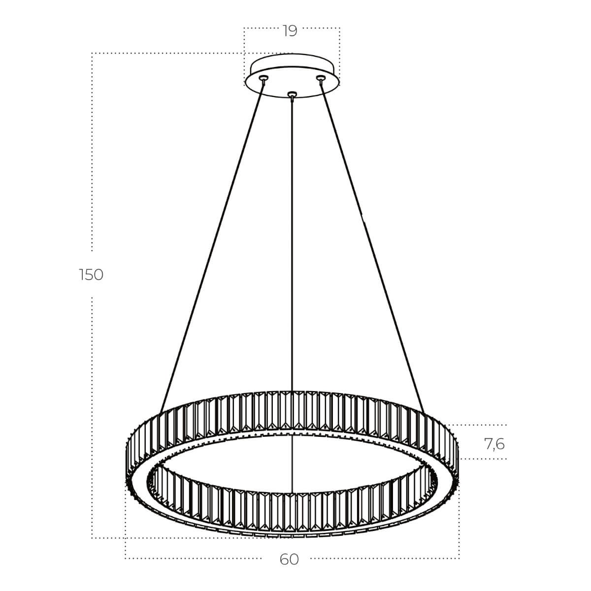 Lampa wisząca LED Spark D60 o mocy 30W w kolorze złotym, o okrągłym kształcie z dekoracyjnym, teksturowanym wykończeniem. Wymiary: średnica 60 cm, wysokość 150 cm, grubość 7,6 cm. Zawieszona na długich linkach, idealna do nowoczesnych wnętrz.