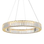 Lampa wisząca LED Spark D60 o mocy 30W w złotym kolorze, z okrągłym, przezroczystym kloszem zdobionym prostokątnymi kryształkami, zawieszona na cienkich linkach. Wydobywa eleganckie światło, idealna do nowoczesnych wnętrz.