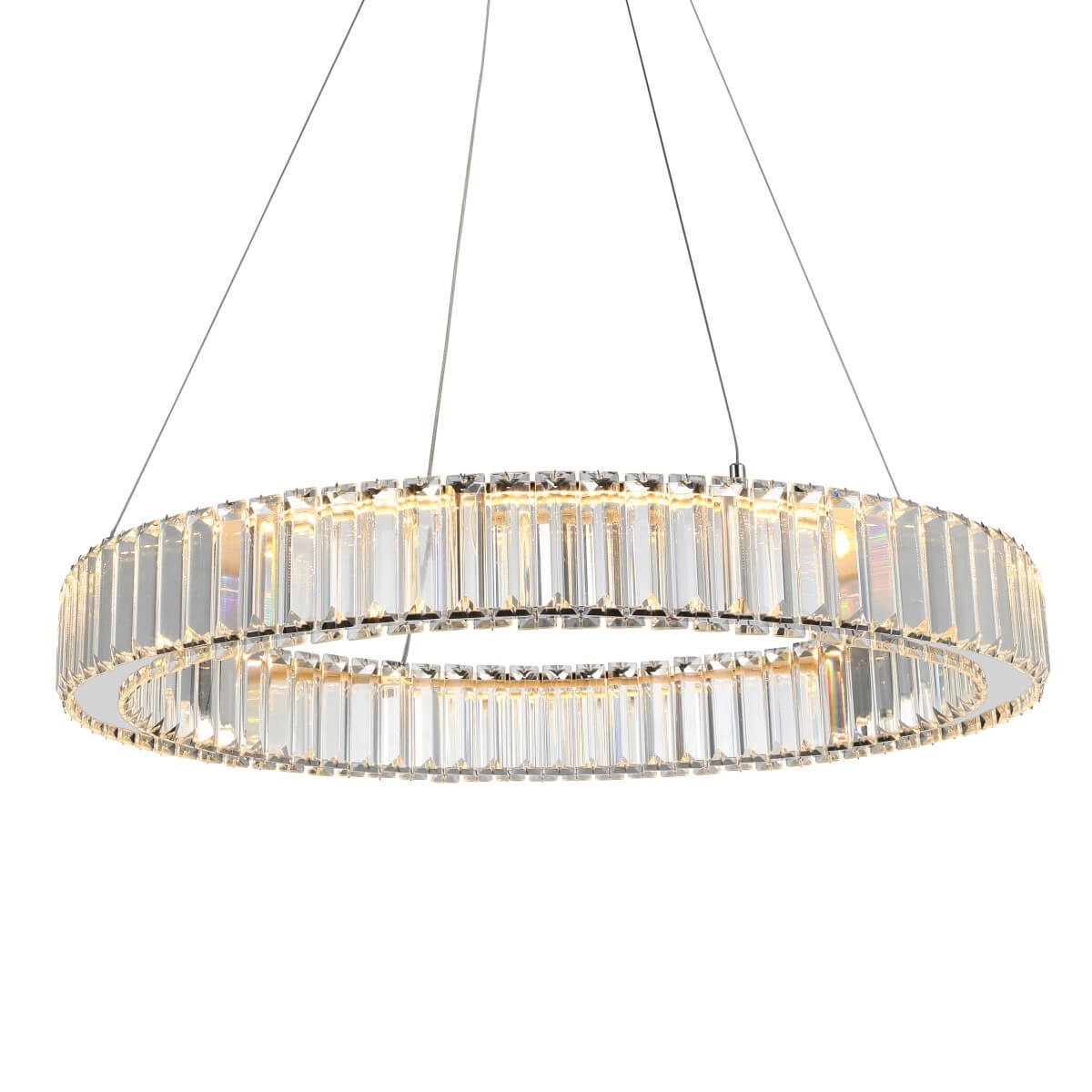 Lampa wisząca LED Spark D60 o mocy 30W w kolorze chromu, w kształcie okrągłego pierścienia z przezroczystymi elementami. Zawieszona na cienkich linkach, oświetlająca przestrzeń ciepłym światłem. Idealna do nowoczesnych wnętrz.