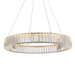 Lampa wisząca LED Spark D60 o mocy 30W w kolorze chromu, w kształcie okrągłego pierścienia z przezroczystymi elementami. Zawieszona na cienkich linkach, oświetlająca przestrzeń ciepłym światłem. Idealna do nowoczesnych wnętrz.