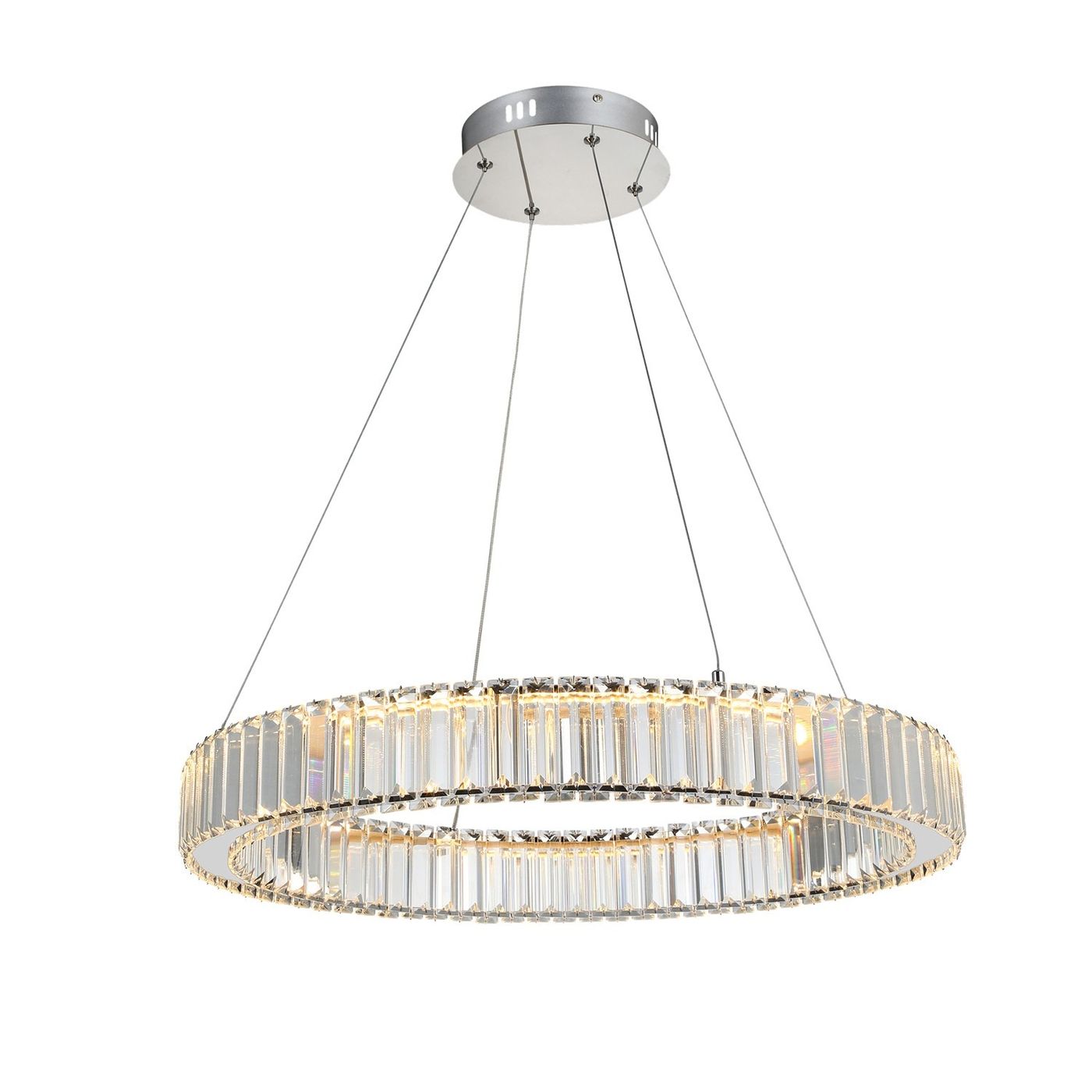Lampa wisząca LED Spark D60 o mocy 30W w chromowanej oprawie, z podwójnym okrągłym kloszem z przezroczystymi elementami, zawieszona na cienkich linkach. Całość na jasnym tle, ukazująca elegancki design.