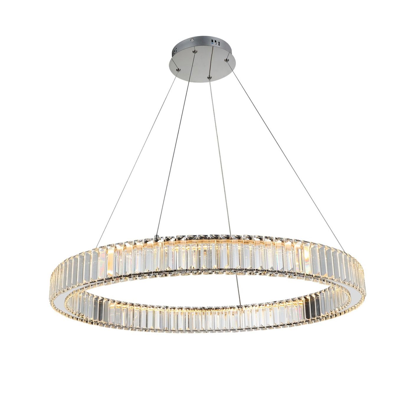Lampa wisząca LED Spark D80 o mocy 72W, chromowana, z okrągłym kloszem z transparentnych elementów. Zawieszona na cienkich linkach, emitująca równomierne światło, idealna do nowoczesnych wnętrz.