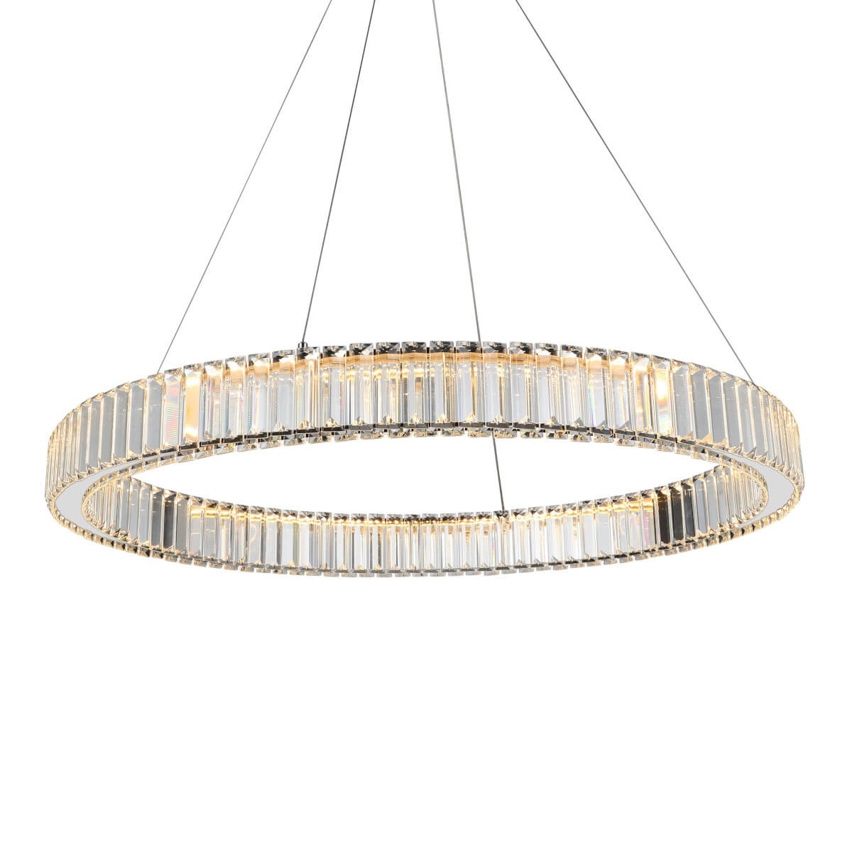 Lampa wisząca LED Spark D80 o mocy 72W w chromowanej oprawie. Okrągła konstrukcja z przezroczystymi detalami, zawieszona na cienkich linkach. Emituje ciepłe światło, idealna do nowoczesnych wnętrz. Tło neutralne.