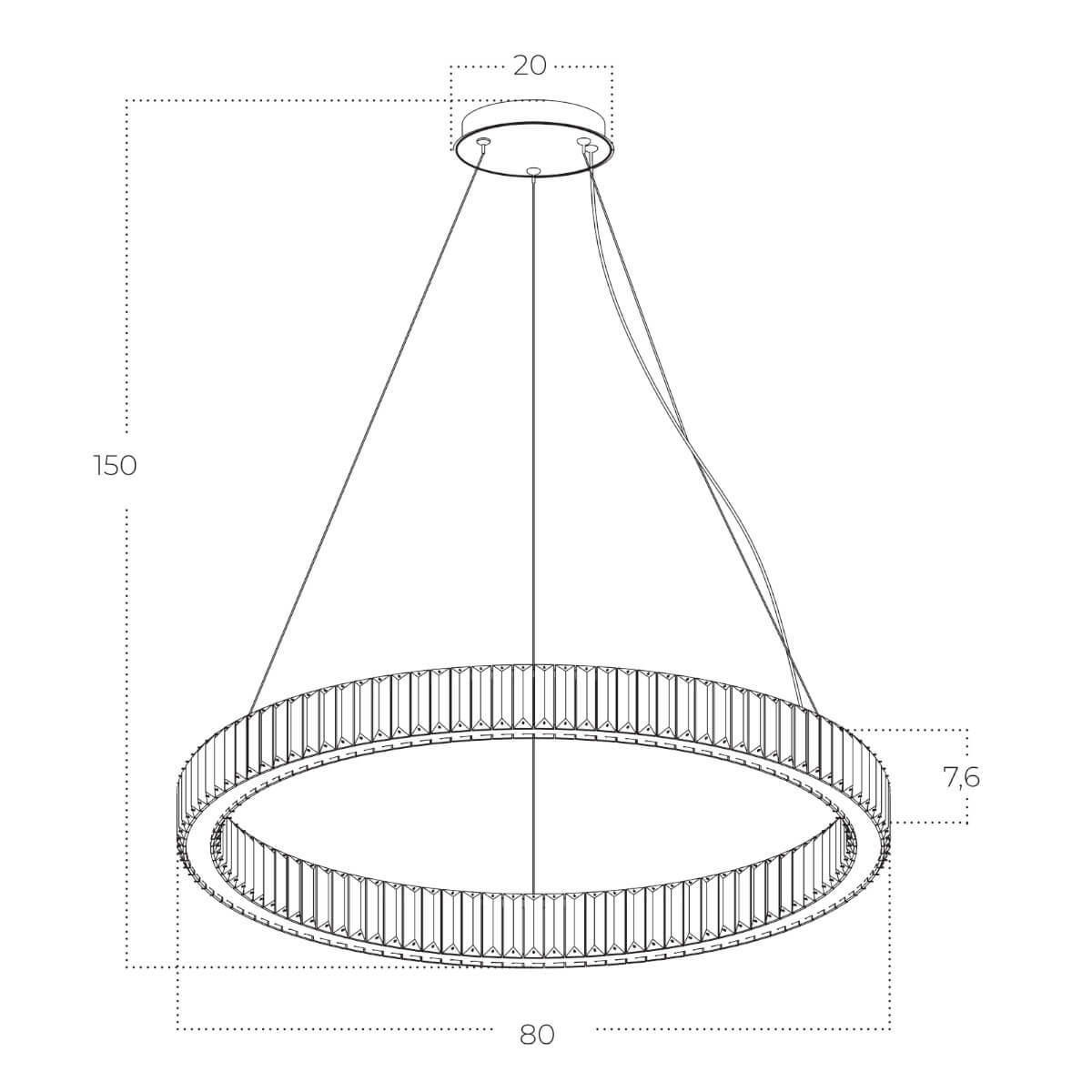 Lampa wisząca LED Spark D80 o mocy 72W w kolorze złotym. Okrągły kształt z dekoracyjnym, teksturowanym wykończeniem. Wymiary: średnica 80 cm, wysokość 150 cm, grubość 7,6 cm. Montaż sufitowy, zawieszona na dwóch linkach.