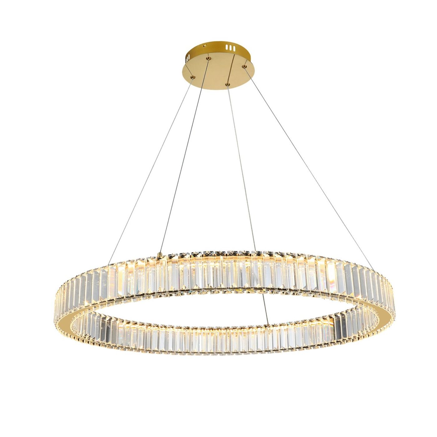 Lampa wisząca LED Spark D80 o mocy 72W w kolorze złotym, w kształcie okrągłego pierścienia z transparentnymi, prostokątnymi elementami, zawieszona na cienkich żyłkach. Widoczna podstawa z metalicznym wykończeniem.