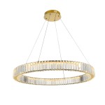 Lampa wisząca LED Spark D80 o mocy 72W w kolorze złotym, w kształcie okrągłego pierścienia z transparentnymi, prostokątnymi elementami, zawieszona na cienkich żyłkach. Widoczna podstawa z metalicznym wykończeniem.