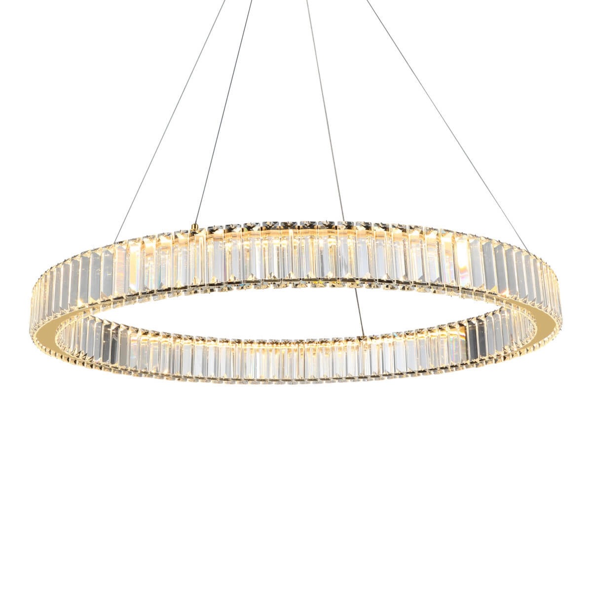 Lampa wisząca LED Spark D80 o mocy 72W, w złotym kolorze, w kształcie okręgu. Posiada przezroczyste, kryształowe elementy oraz zamontowane źródła światła wewnątrz obręczy. Zawieszona na cienkich linkach, idealna do nowoczesnych wnętrz.