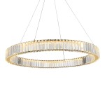 Lampa wisząca LED Spark D80 o mocy 72W, w złotym kolorze, w kształcie okręgu. Posiada przezroczyste, kryształowe elementy oraz zamontowane źródła światła wewnątrz obręczy. Zawieszona na cienkich linkach, idealna do nowoczesnych wnętrz.
