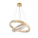 Lampa wisząca Spark D80+D60 z dwoma pierścieniami LED o mocy 120W, w złotym kolorze, z przezroczystymi elementami. Produkt zawieszony na cienkich linkach, ukazuje nowoczesny, okrągły kształt oraz elegancki design.