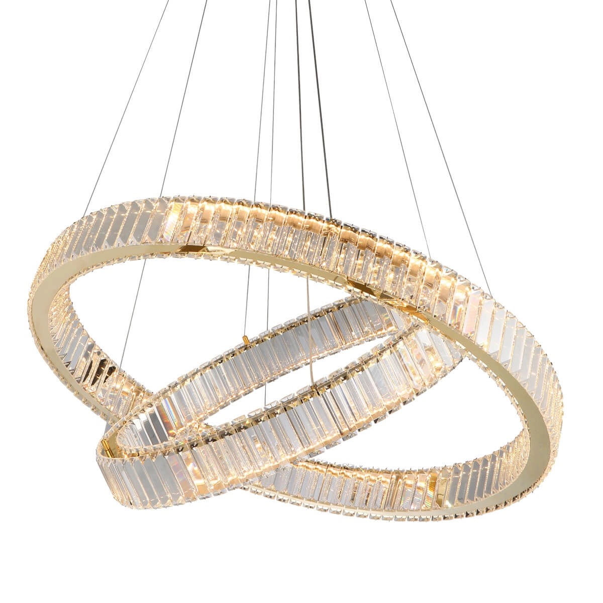 Lampa wisząca Spark D80+D60 z podwójnym złotym pierścieniem, wykończona kryształowymi elementami. Wisi na cienkich linkach, oferując nowoczesny design i moc 2xLED 120W. Idealna do eleganckich wnętrz.