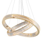 Lampa wisząca Spark D80+D60 z podwójnym złotym pierścieniem, wykończona kryształowymi elementami. Wisi na cienkich linkach, oferując nowoczesny design i moc 2xLED 120W. Idealna do eleganckich wnętrz.