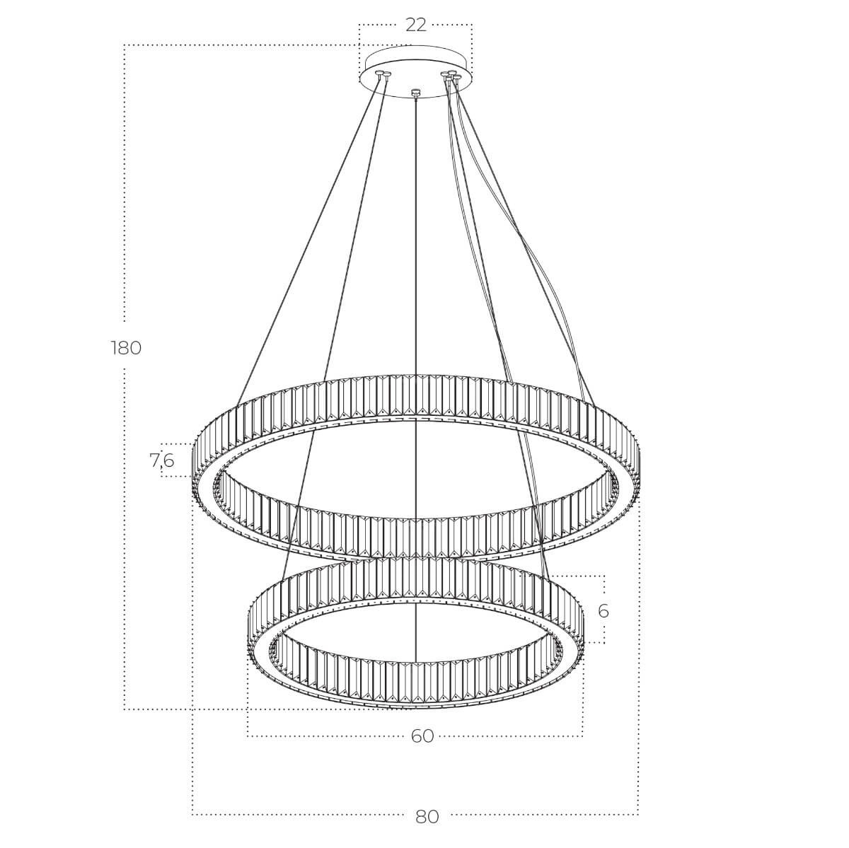 Lampa wisząca Spark D80+D60 z dwoma okrągłymi, złotymi pierścieniami LED o średnicach 80 cm i 60 cm. Wysokość 180 cm, szerokość 22 cm. Wykonana z metalu, z teksturowanym wykończeniem. Zawieszona na regulowanych linkach, idealna do nowoczesnych wnętrz.