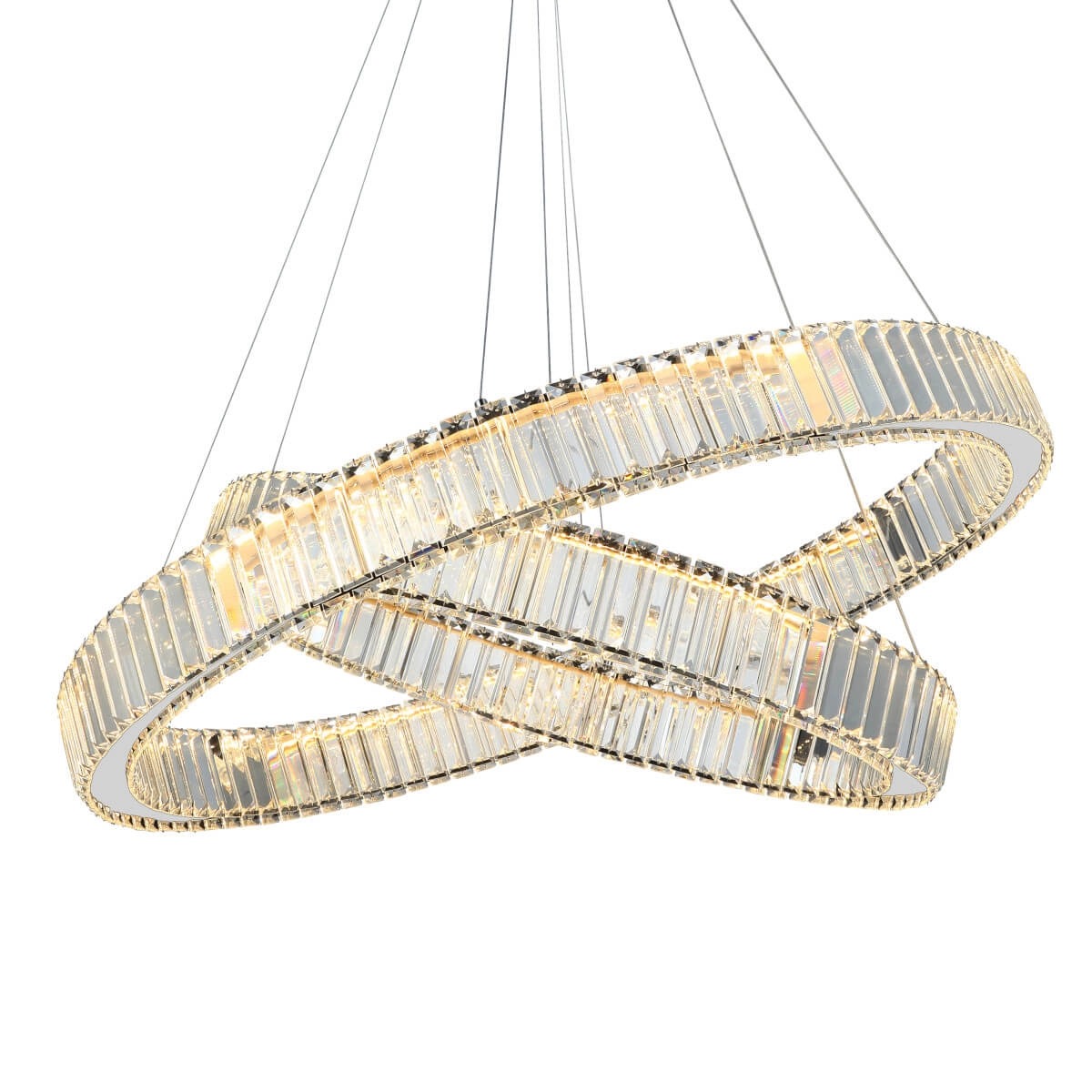 Lampa wisząca Spark D80+D60 z podwójnym oświetleniem LED o mocy 120W, w chromowanej obudowie, w kształcie dwóch połączonych pierścieni. Elementy szklane odbijają światło, tworząc efektowną iluminację. Zawieszona na cienkich linkach.