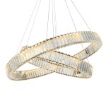 Lampa wisząca Spark D80+D60 z podwójnym oświetleniem LED o mocy 120W, w chromowanej obudowie, w kształcie dwóch połączonych pierścieni. Elementy szklane odbijają światło, tworząc efektowną iluminację. Zawieszona na cienkich linkach.
