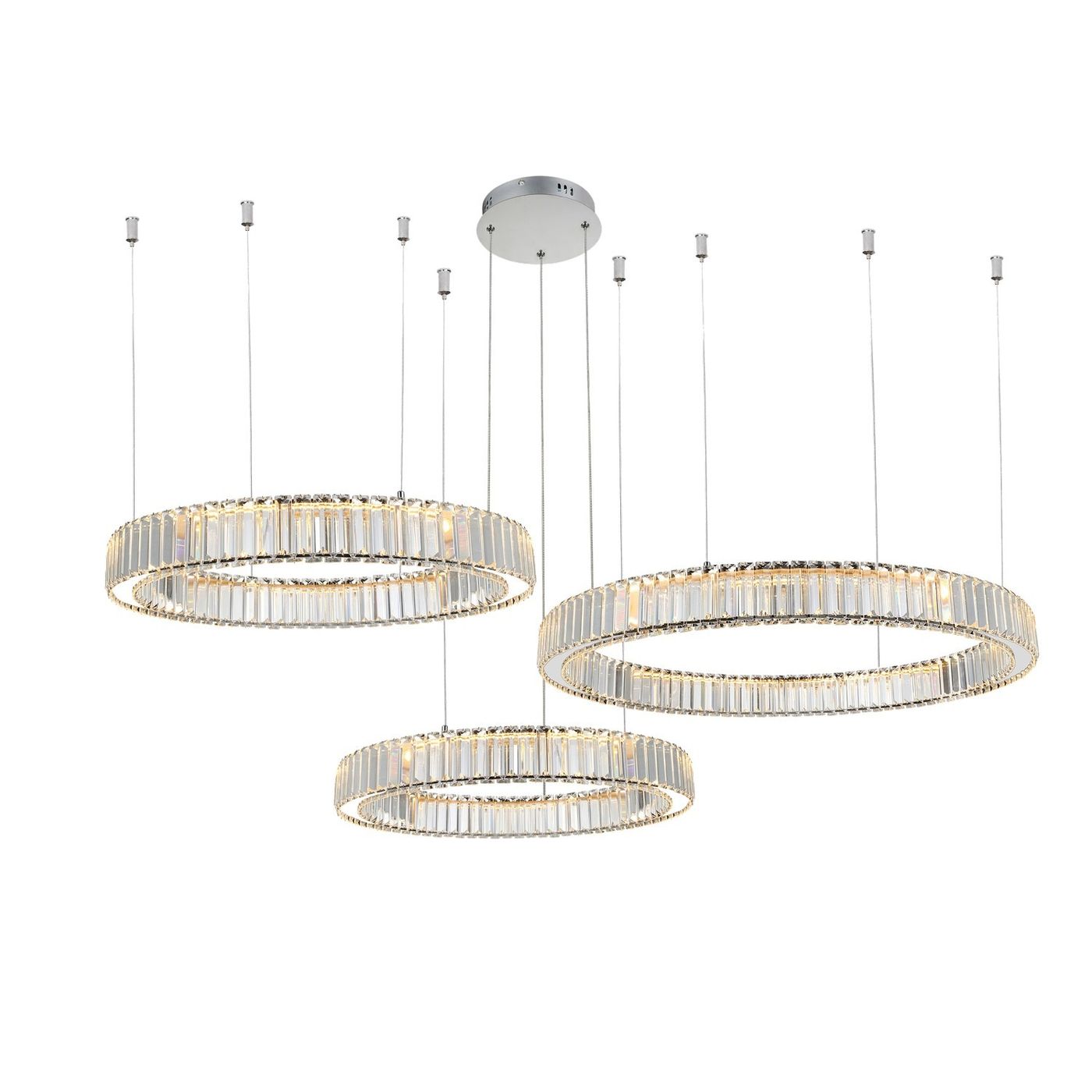 Lampa wisząca Spark z trzema okrągłymi kloszami LED o mocy 144W w chromowanej obudowie. Klosze mają przezroczyste, teksturowane detale, zawieszone na cienkich linkach. Montowana na suficie, idealna do nowoczesnych wnętrz.