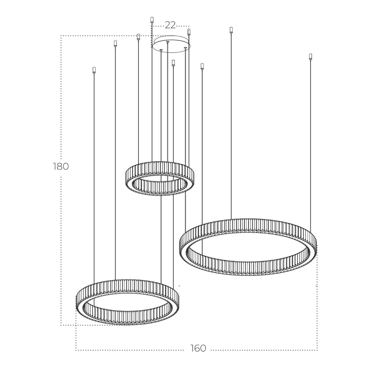 Lampa wisząca Spark 3xLED 144W w kolorze złotym, składająca się z trzech okrągłych elementów. Ułożona w różnych wysokościach, z regulowanymi linkami. Wymiary: średnice 160 mm i 180 mm, wysokość 180 mm.