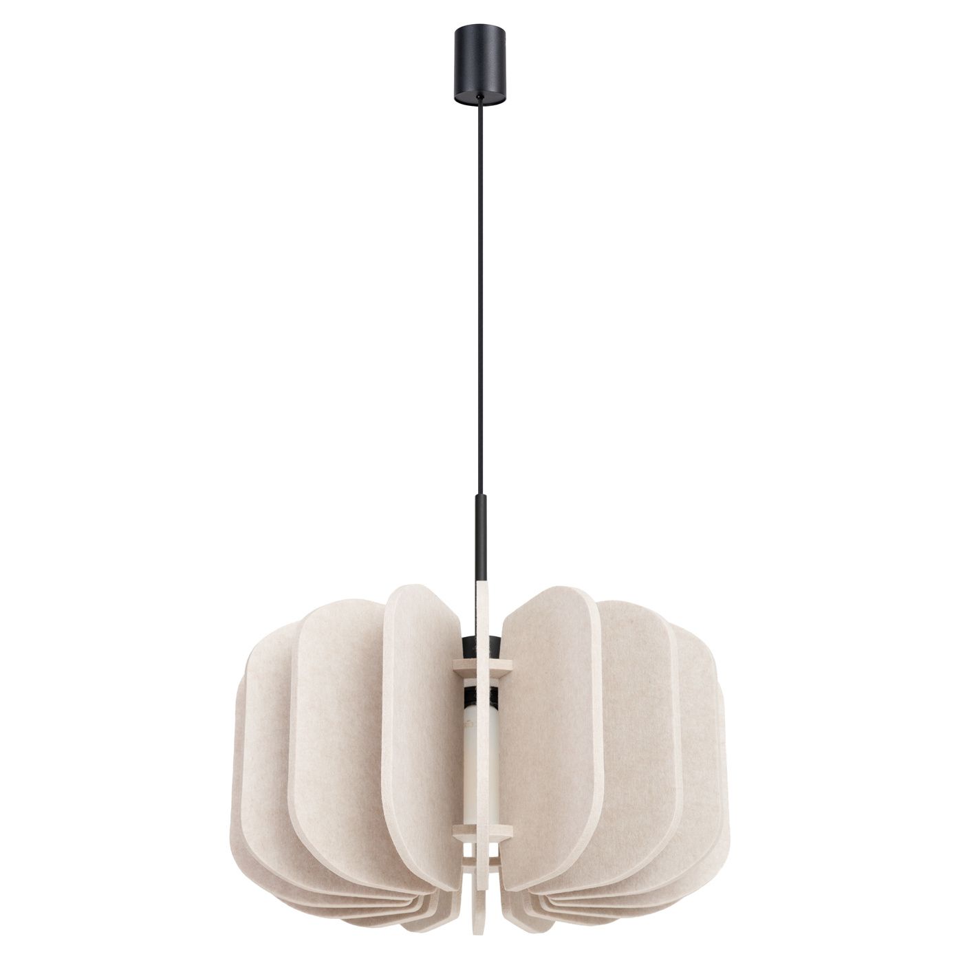 Lampa wisząca Mula D45 z oprawą E27, w kolorze czarnym i beżowym. Posiada ośmiokątny klosz z teksturą, zawieszony na cienkim czarnym przewodzie. Klosz składa się z warstw, co nadaje mu nowoczesny wygląd. Idealna do wnętrz.